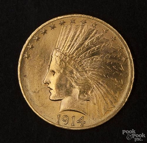 Gold Indian Head ten dollar coin, 1914 D, MS-62 to MS-63.