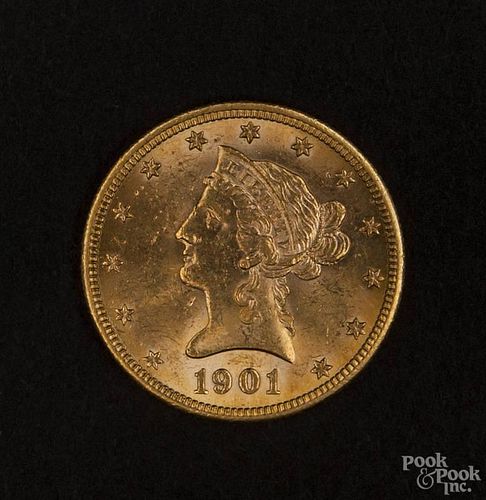 Gold Liberty Head ten dollar coin, 1901 S, MS-62 to MS-63.