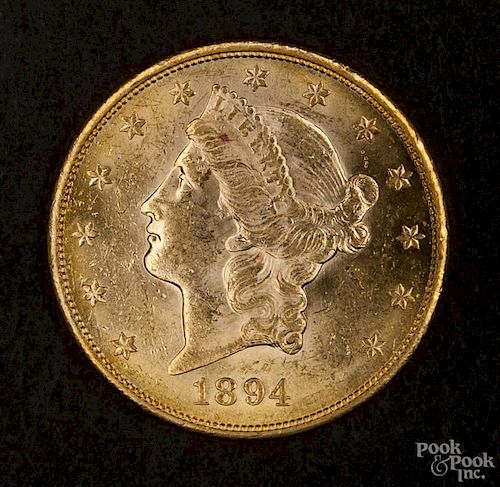 Gold Liberty Head twenty dollar coin, 1894 S, MS-60 to MS-62.