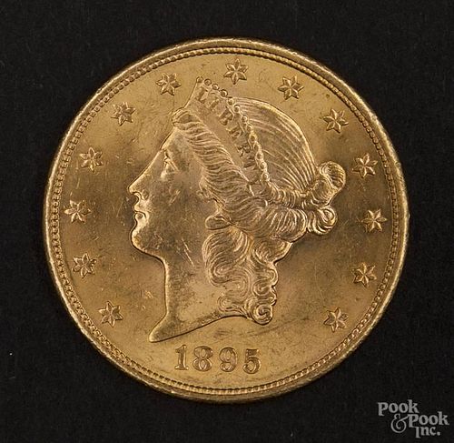Gold Liberty Head twenty dollar coin, 1895 S, MS-60 to MS-62.