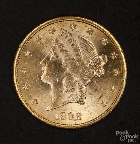 Gold Liberty Head twenty dollar coin, 1898 S, MS-60 to MS-62.