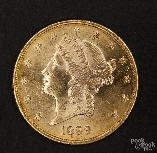 Gold Liberty Head twenty dollar coin, 1899 S, MS-60 to MS-62.
