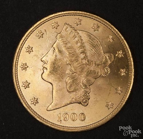 Gold Liberty Head twenty dollar coin, 1900, MS-62 to MS-63.