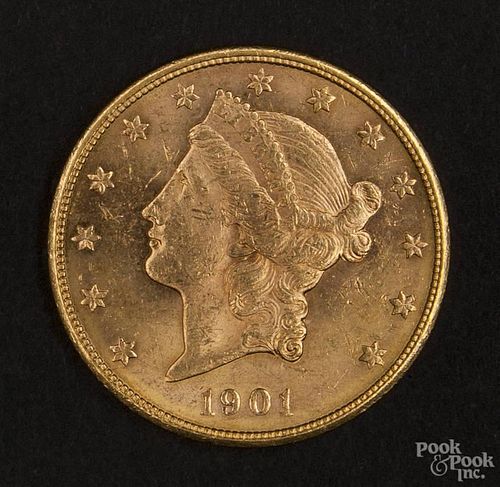 Gold Liberty Head twenty dollar coin, 1901 S, MS-60 to MS-62.