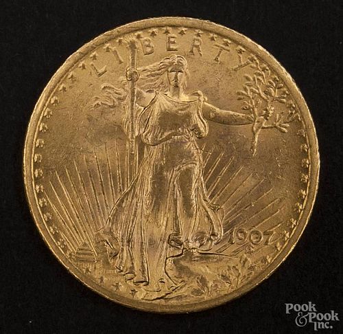 Gold Saint Gaudens twenty dollar coin, 1907, MS-60 to MS-62.