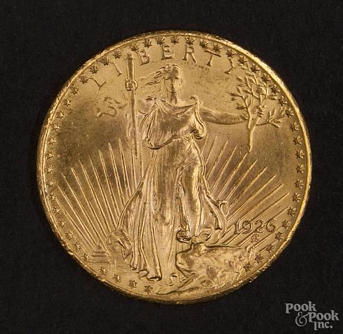 Gold Saint Gaudens twenty dollar coin, 1926, MS-63 to MS-64.