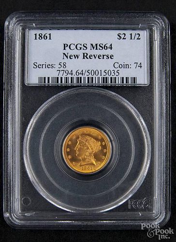 Gold Liberty Head two and a half dollar coin, 1861 (new reverse), PCGS MS-64.