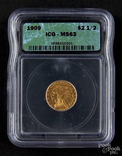 Gold Indian Head two and a half dollar coin, 1909, ICG MS-63.