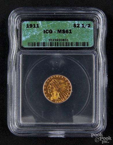 Gold Indian Head two and a half dollar coin, 1911, ICG MS-61.