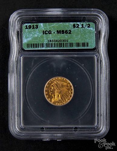 Gold Indian Head two and a half dollar coin, 1913, ICG MS-62.