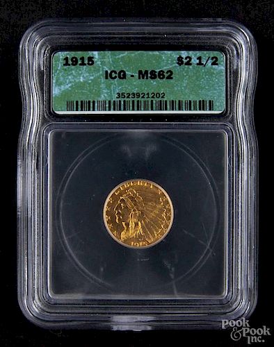 Gold Indian Head two and a half dollar coin, 1915, ICG MS-62.