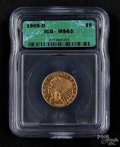 Gold Indian Head five dollar coin, 1908, ICG MS-63.