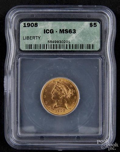 Gold Liberty Head five dollar coin, 1908, ICG MS-63.