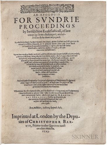 Cosin, Richard (1549?-1597) An Apologie for Sundrie Proceedings by Iurisdiction Ecclesiasticall, of Late Times by Some chalenged, and a