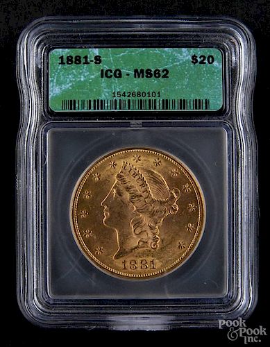 Gold Liberty Head twenty dollar coin, 1881 S, ICG MS-62.