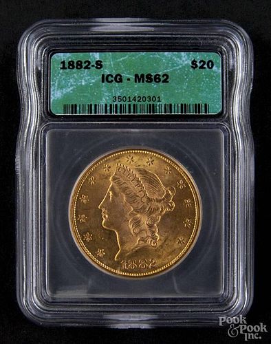 Gold Liberty Head twenty dollar coin, 1882 S, ICG MS-62.