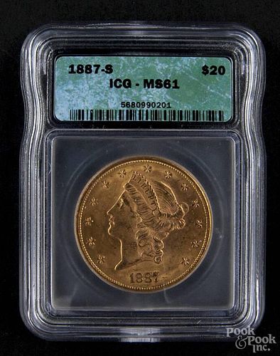 Gold Liberty Head twenty dollar coin, 1887 S, ICG MS-61.