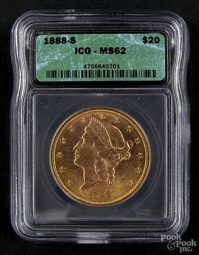 Gold Liberty Head twenty dollar coin, 1888 S, ICG MS-62.