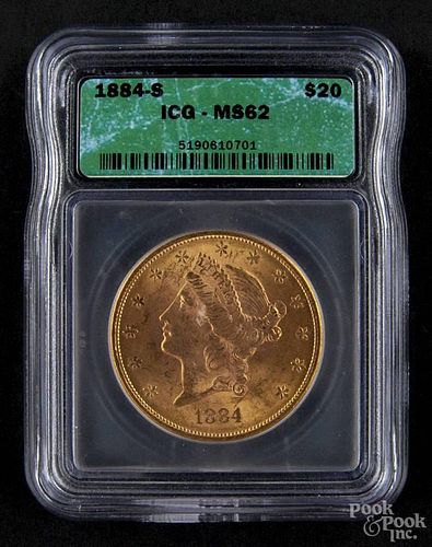 Gold Liberty Head twenty dollar coin, 1884 S, ICG MS-61.