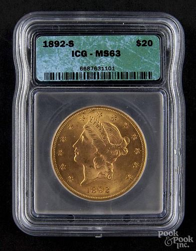 Gold Liberty Head twenty dollar coin, 1892 S, ICG MS-63.