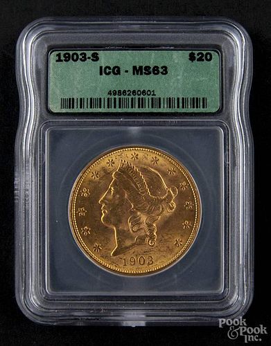 Gold Liberty Head twenty dollar coin, 1903 S, ICG MS-63.