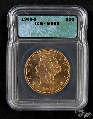 Gold Liberty Head twenty dollar coin, 1905 S, ICG MS-63.
