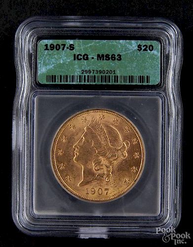 Gold Liberty Head twenty dollar coin, 1907 S, ICG MS-63.