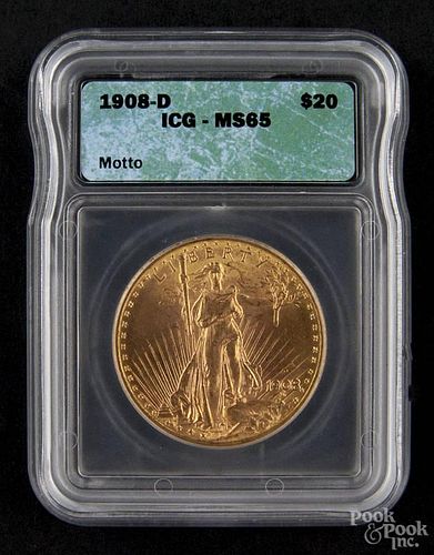 Gold Saint Gaudens twenty dollar coin, 1908 D, with motto, ICG MS-65.