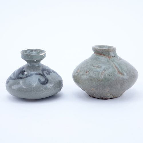 Two (2) Chinese Goryeo Dynasty, 12th - 14th Century Celadon Glazed Oil Bottles. One decorated in bl
