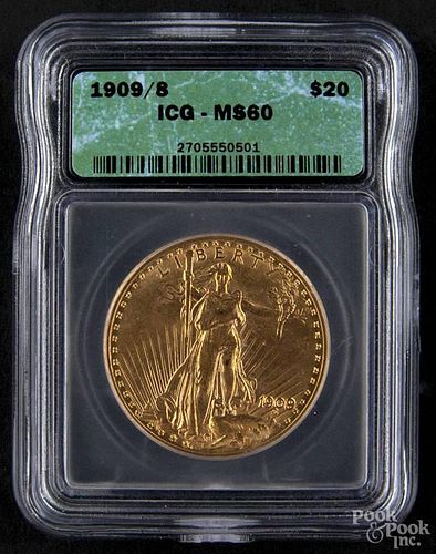 Gold Saint Gaudens twenty dollar coin, 1909/8 S, ICG MS-60.