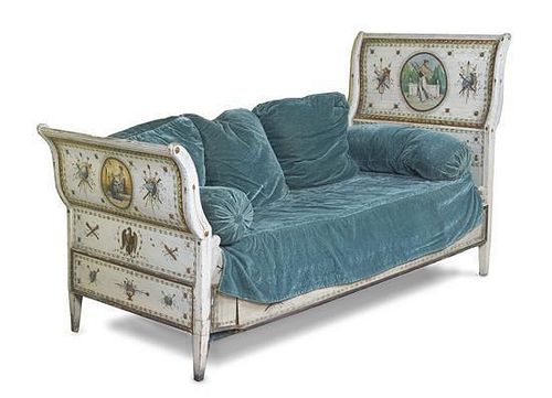 An Italian Neoclassical Painted Daybed, Width overall 87 1/2 inches.
