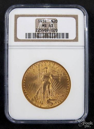 Gold Saint Gaudens twenty dollar coin, 1914, NGC MS-63.