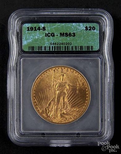 Gold Saint Gaudens twenty dollar coin, 1914 S, ICG MS-63.