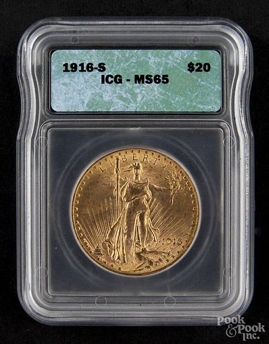 Gold Saint Gaudens twenty dollar coin, 1916 S, ICG MS-65.