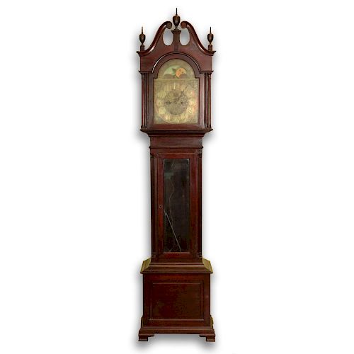 Antique German Grandfather Clock Retailed by Hershede. Mahogany Bonnet Top Case with Urn Finials an