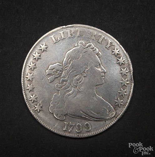 Silver Drape Bust dollar coin, 1799, F-VF.