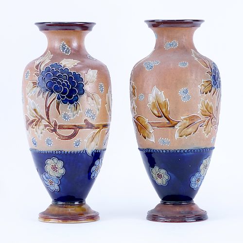 Pair of Royal Doulton Slaters Pottery Vases. Double signed and numbered. One vase has a loss to a l