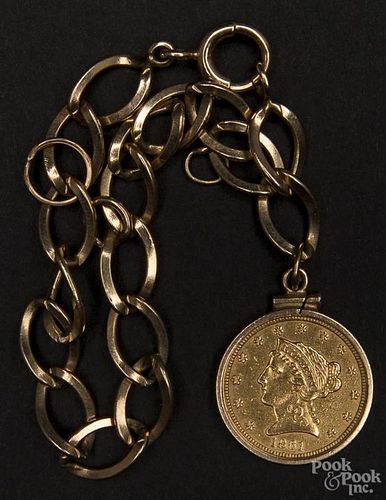 Gold bracelet with a gold Liberty Head two and a half dollar coin, 1861.