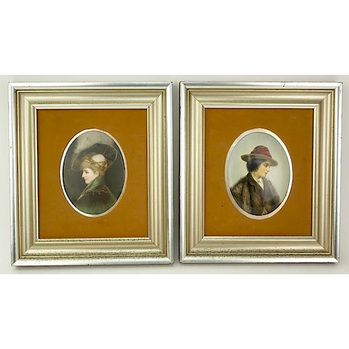 Pair of 20th Century Italian Porcelain Portrait Plaques. Depicts a young woman and young boy. Unsig