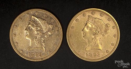 Two gold Liberty Head ten dollar pieces, to include an 1888 S and an 1893, XF-AU.