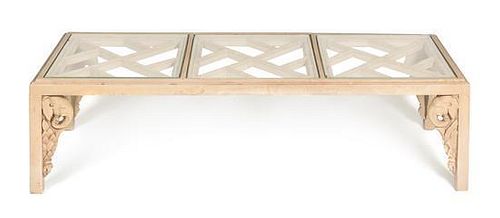 A Painted Faux Bamboo Low Table, Height 18 1/2 x width 60 1/2 x depth 21 3/4 inches.