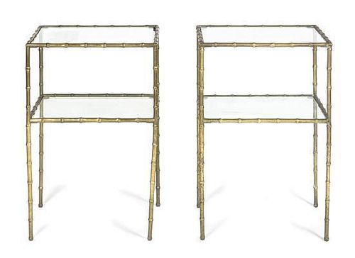 A Pair of Brass Faux Bamboo Side Tables, Height 30 1/4 x width 20 1/4 x depth 15 1/4 inches.
