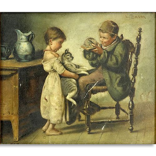 19/20th Century Oil of Board, Interior Scene with Children with Animal, Signed L. Baum Top Right. R