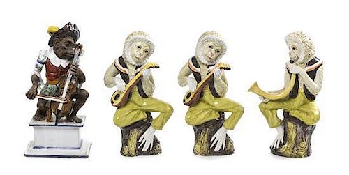 Four Majolica Figures of Musical Monkeys, Height of first 15 1/2 inches.