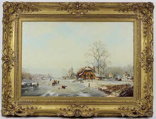 Antique 19th Century Winter Scene Oil Painting
