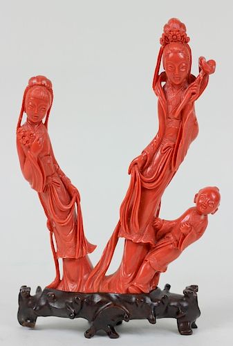 Large Chinese Carved Red Coral Grouping Sculpture