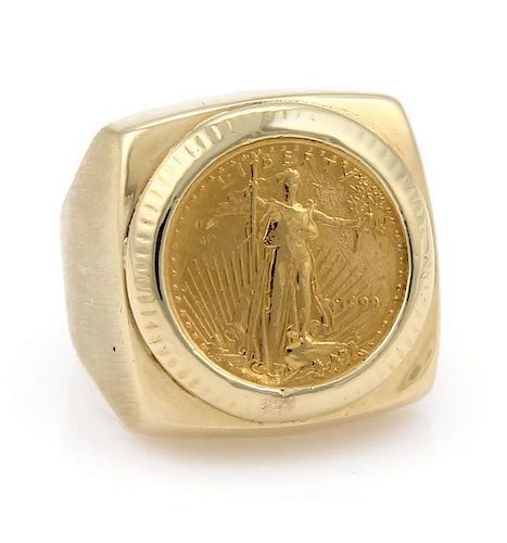 Vintage 22k Liberty Coin 14k Gold Square Top Ring