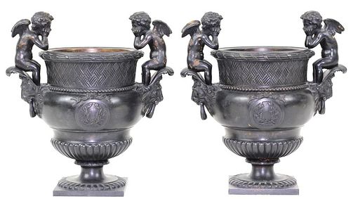 Antique French Bronze Cherub Jardiniere Urns