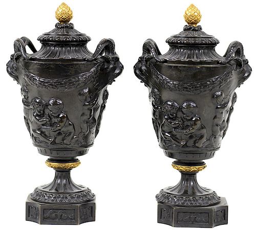 Heavy Antique French Bronze Molded Urns