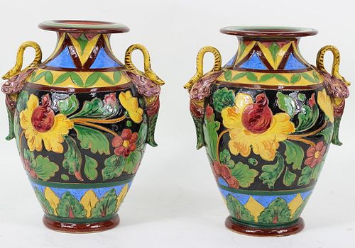 Pair of Italian Hand Painted Glazed Pottery Vases